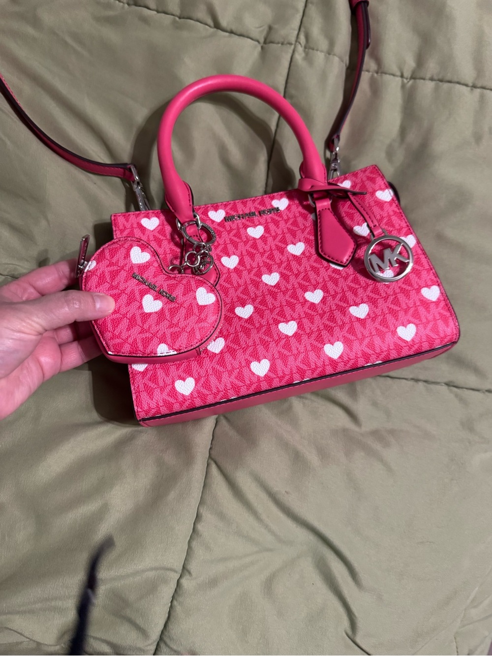 Michael Kors Hot Pink Heart-Print Satchel with Charm